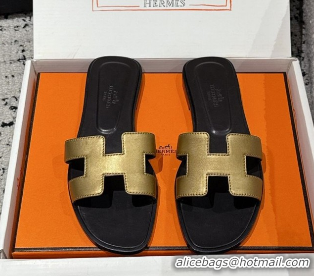 Good Quality Hermes Classic Oran Flat Slides Sandal in Shiny Calfskin Gold 0606127