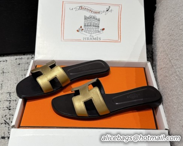 Good Quality Hermes Classic Oran Flat Slides Sandal in Shiny Calfskin Gold 0606127