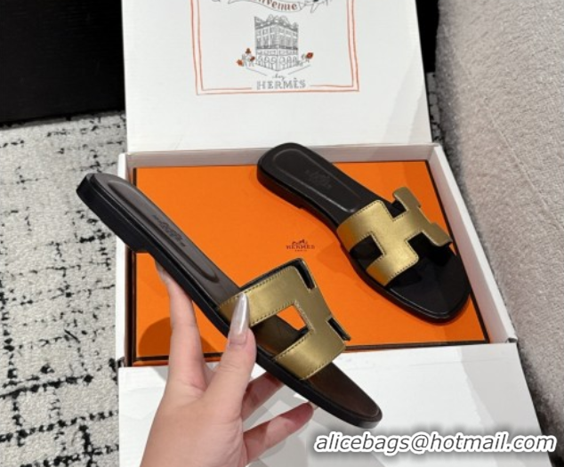 Good Quality Hermes Classic Oran Flat Slides Sandal in Shiny Calfskin Gold 0606127