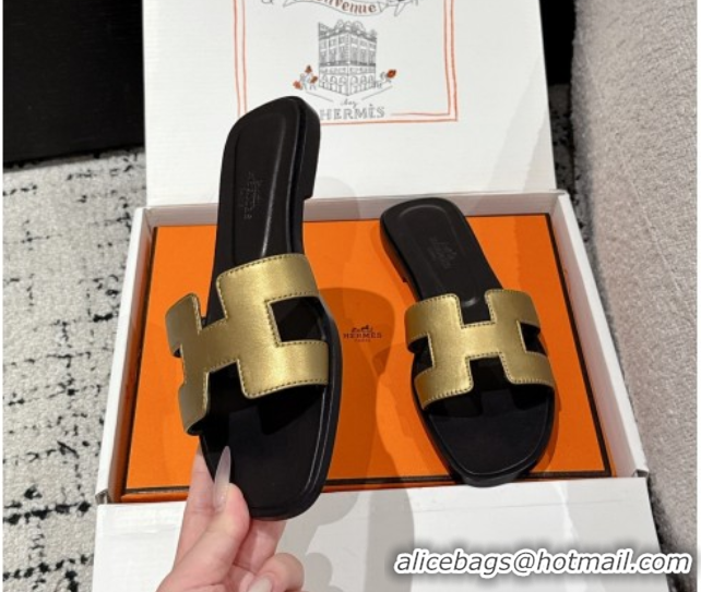 Good Quality Hermes Classic Oran Flat Slides Sandal in Shiny Calfskin Gold 0606127