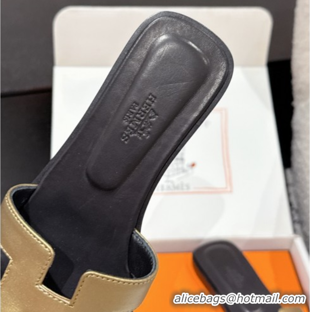 Good Quality Hermes Classic Oran Flat Slides Sandal in Shiny Calfskin Gold 0606127