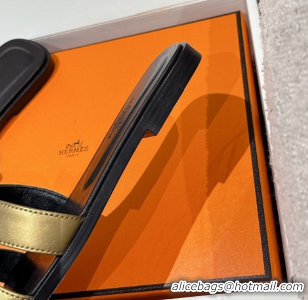 Good Quality Hermes Classic Oran Flat Slides Sandal in Shiny Calfskin Gold 0606127