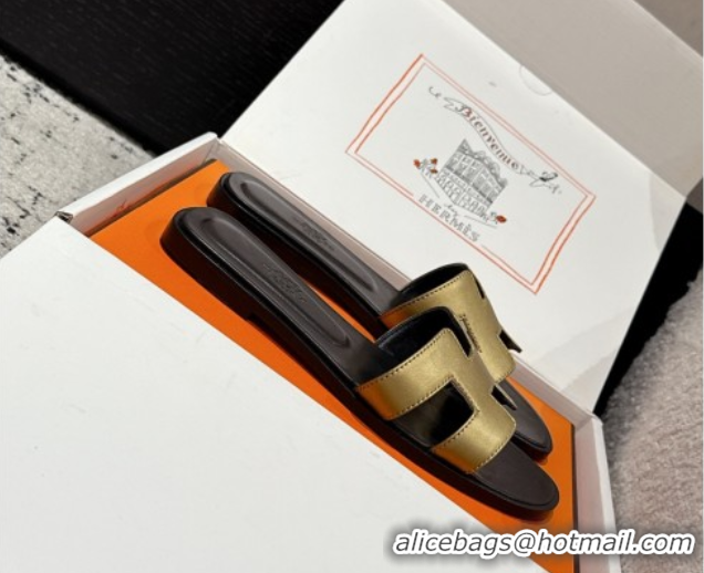Good Quality Hermes Classic Oran Flat Slides Sandal in Shiny Calfskin Gold 0606127
