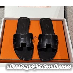 Sumptuous Hermes Classic Oran Flat Slides Sandal in Shiny Calfskin Black 0606131