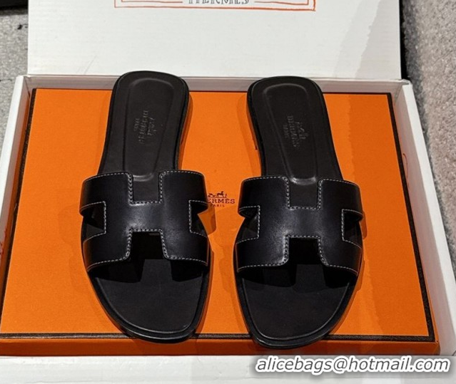 Sumptuous Hermes Classic Oran Flat Slides Sandal in Shiny Calfskin Black 0606131