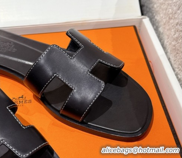 Sumptuous Hermes Classic Oran Flat Slides Sandal in Shiny Calfskin Black 0606131