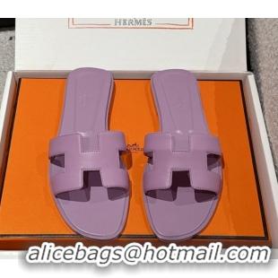 Stylish Hermes Classic Oran Flat Slides Sandal in Shiny Calfskin Light Purple 0606132