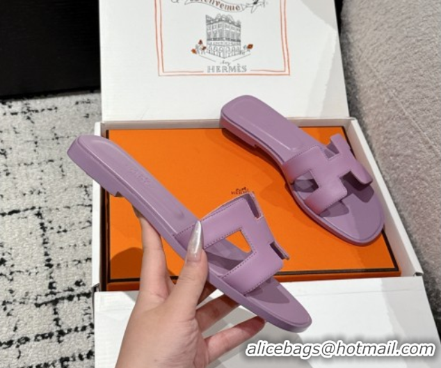 Stylish Hermes Classic Oran Flat Slides Sandal in Shiny Calfskin Light Purple 0606132