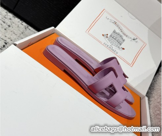 Stylish Hermes Classic Oran Flat Slides Sandal in Shiny Calfskin Light Purple 0606132