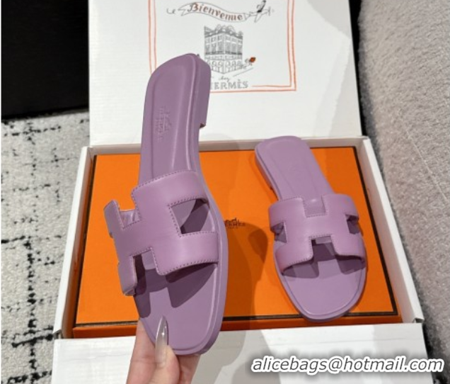 Stylish Hermes Classic Oran Flat Slides Sandal in Shiny Calfskin Light Purple 0606132