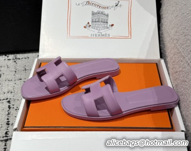 Stylish Hermes Classic Oran Flat Slides Sandal in Shiny Calfskin Light Purple 0606132