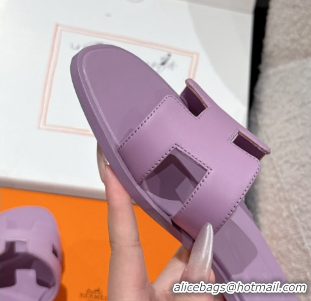 Stylish Hermes Classic Oran Flat Slides Sandal in Shiny Calfskin Light Purple 0606132