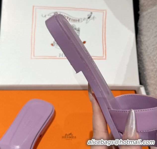 Stylish Hermes Classic Oran Flat Slides Sandal in Shiny Calfskin Light Purple 0606132