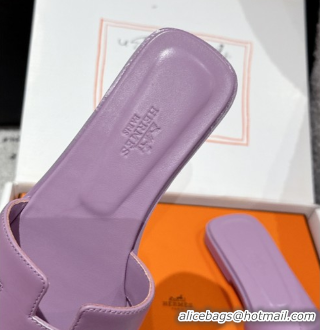 Stylish Hermes Classic Oran Flat Slides Sandal in Shiny Calfskin Light Purple 0606132