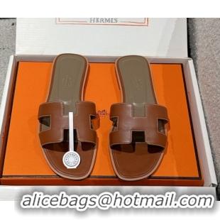Best Price Hermes Classic Oran Flat Slides Sandal in Shiny Calfskin Brown 0606134