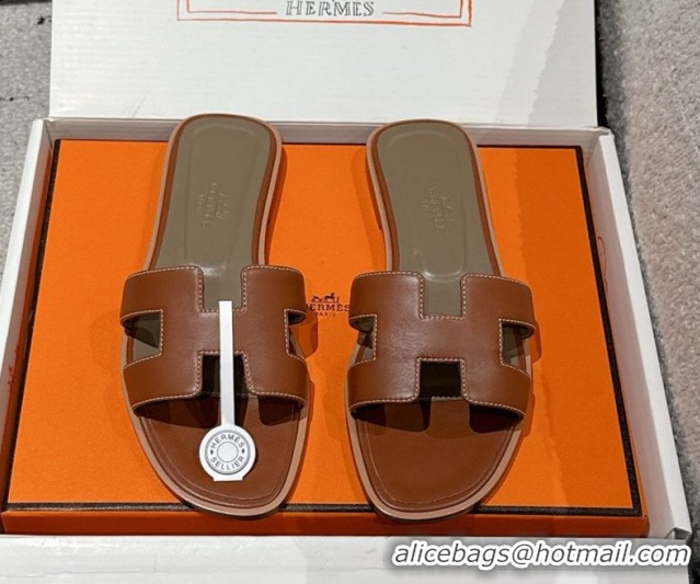 Best Price Hermes Classic Oran Flat Slides Sandal in Shiny Calfskin Brown 0606134