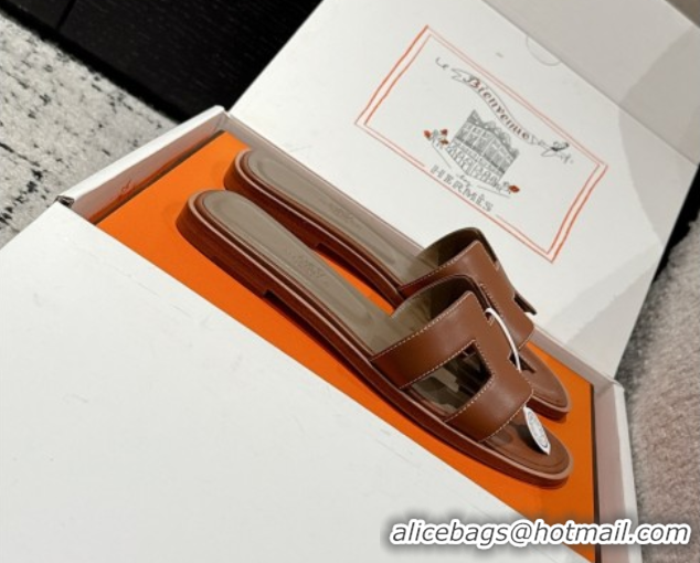 Best Price Hermes Classic Oran Flat Slides Sandal in Shiny Calfskin Brown 0606134