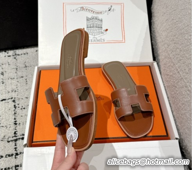 Best Price Hermes Classic Oran Flat Slides Sandal in Shiny Calfskin Brown 0606134