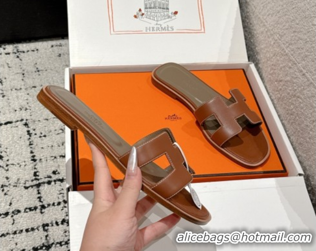 Best Price Hermes Classic Oran Flat Slides Sandal in Shiny Calfskin Brown 0606134