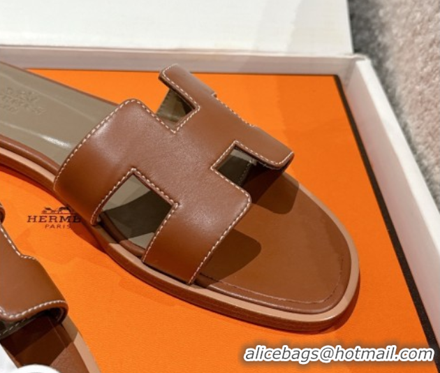 Best Price Hermes Classic Oran Flat Slides Sandal in Shiny Calfskin Brown 0606134