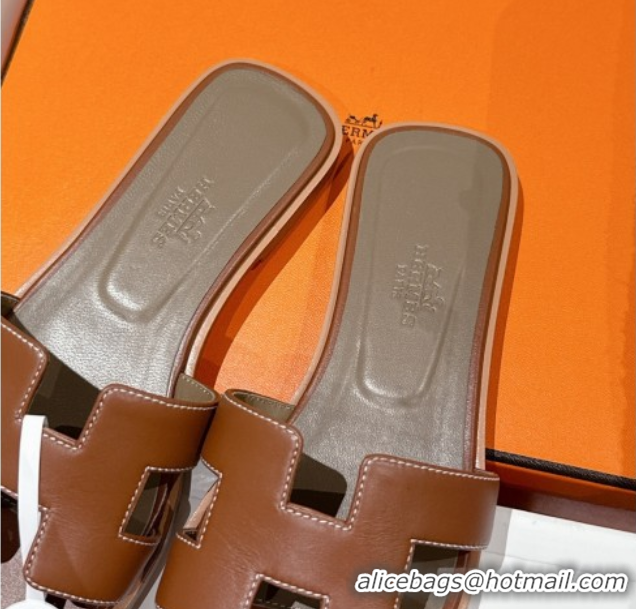 Best Price Hermes Classic Oran Flat Slides Sandal in Shiny Calfskin Brown 0606134