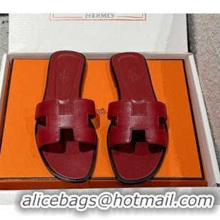 Durable Hermes Classic Oran Flat Slides Sandal in Shiny Calfskin Burgundy 0606136