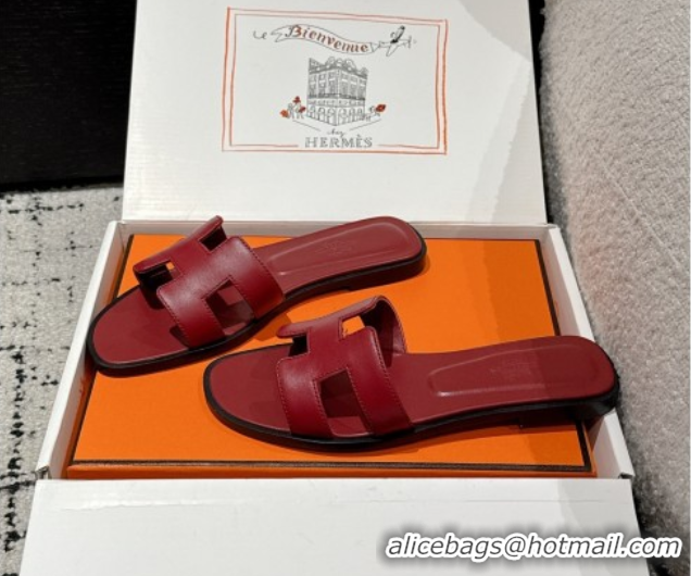 Durable Hermes Classic Oran Flat Slides Sandal in Shiny Calfskin Burgundy 0606136