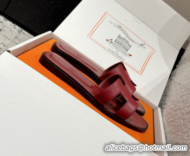 Durable Hermes Classic Oran Flat Slides Sandal in Shiny Calfskin Burgundy 0606136