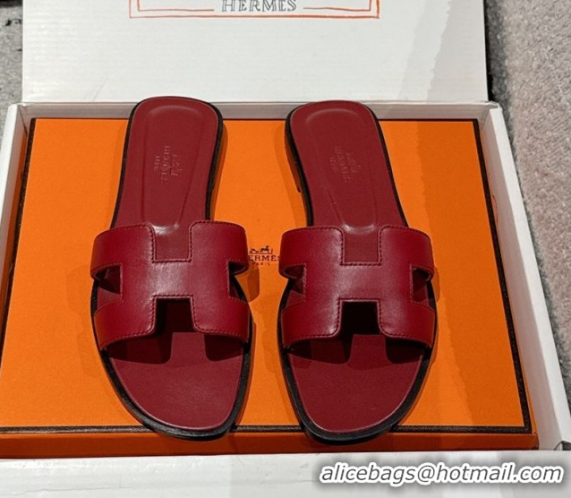 Durable Hermes Classic Oran Flat Slides Sandal in Shiny Calfskin Burgundy 0606136