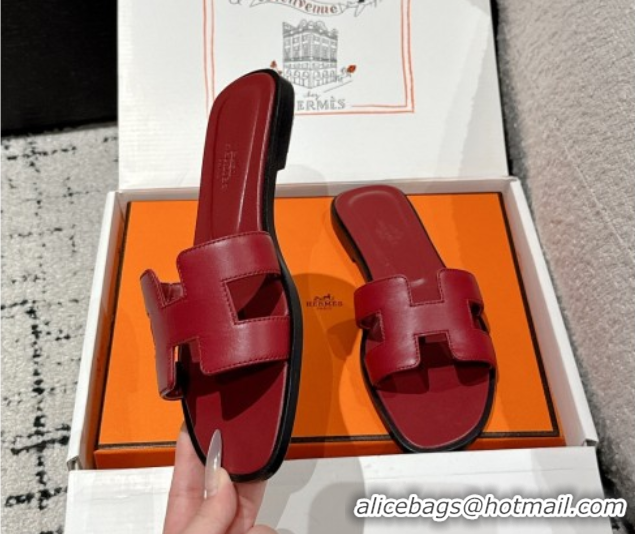 Durable Hermes Classic Oran Flat Slides Sandal in Shiny Calfskin Burgundy 0606136