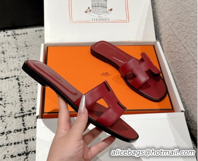 Durable Hermes Classic Oran Flat Slides Sandal in Shiny Calfskin Burgundy 0606136