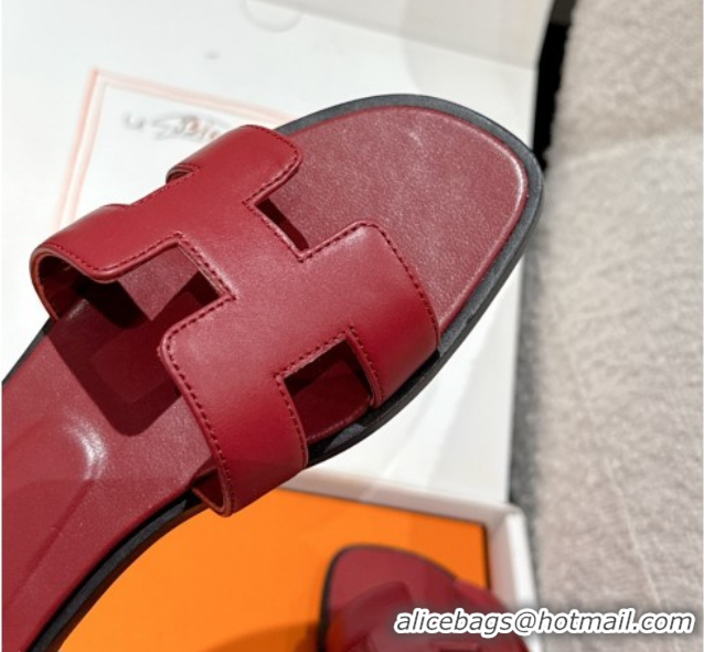 Durable Hermes Classic Oran Flat Slides Sandal in Shiny Calfskin Burgundy 0606136