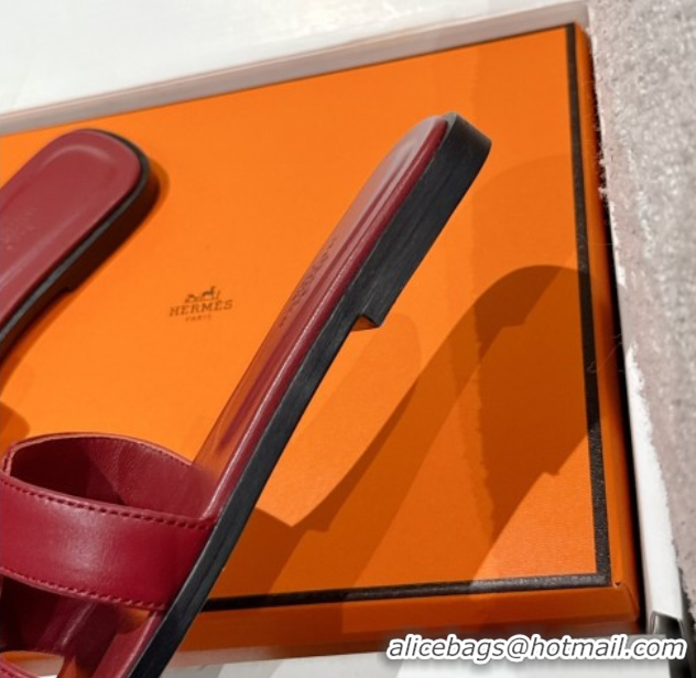 Durable Hermes Classic Oran Flat Slides Sandal in Shiny Calfskin Burgundy 0606136