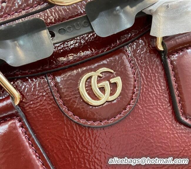 Best Grade Gucci Diana Small Tote Bag with GUCCI Logo in Patent Leather 702721 Dark Burgundy 2024