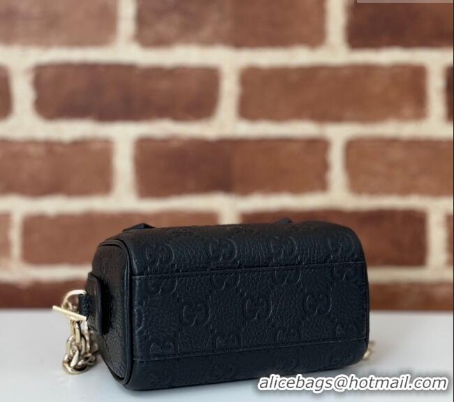 Good Product Gucci GG Leather Emblem Super Mini Top Handle bag 815256 Black 2024