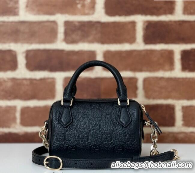 Good Product Gucci GG Leather Emblem Super Mini Top Handle bag 815256 Black 2024
