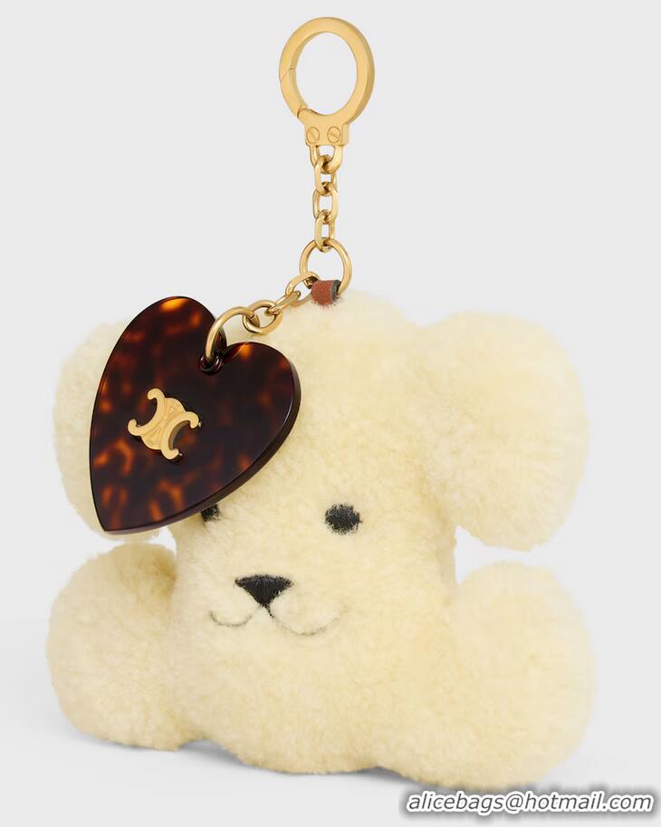 Buy Discount Celine Triomphe POM-POM Keyring With Heart In Shearling And Acetate C8952 White/Gold