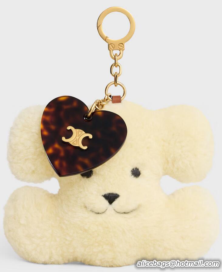 Buy Discount Celine Triomphe POM-POM Keyring With Heart In Shearling And Acetate C8952 White/Gold