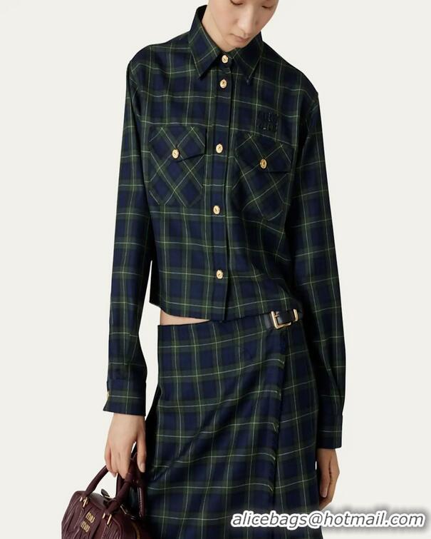Well Crafted Miu Miu Plaid Oversized Cropped Wool Shirt 89502 Green 2025
