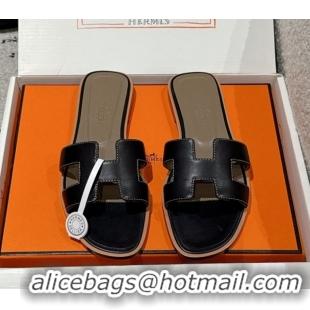Unique Style Durable Hermes Classic Oran Flat Slides Sandal in Shiny Calfskin Black 0606116