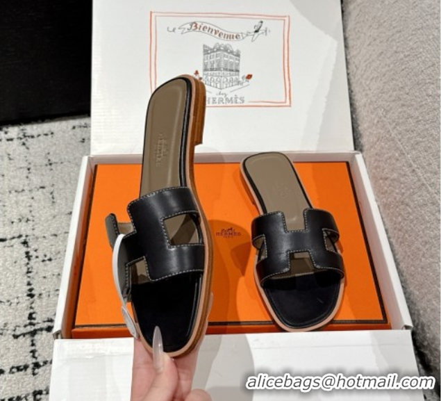 Unique Style Durable Hermes Classic Oran Flat Slides Sandal in Shiny Calfskin Black 0606116