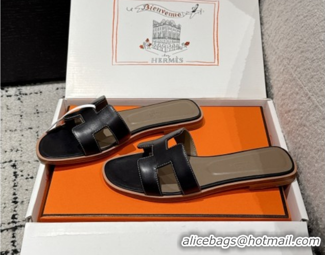 Unique Style Durable Hermes Classic Oran Flat Slides Sandal in Shiny Calfskin Black 0606116