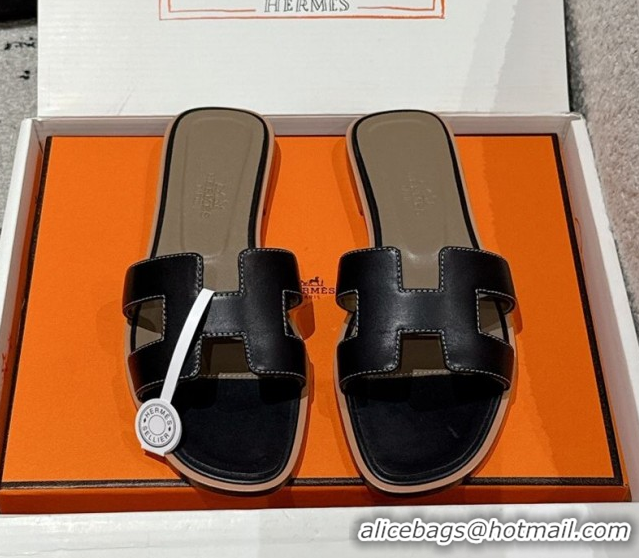 Unique Style Durable Hermes Classic Oran Flat Slides Sandal in Shiny Calfskin Black 0606116