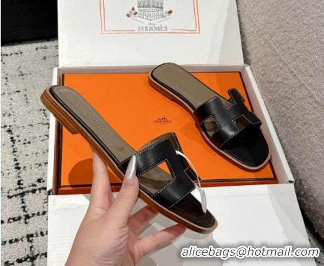 Unique Style Durable Hermes Classic Oran Flat Slides Sandal in Shiny Calfskin Black 0606116