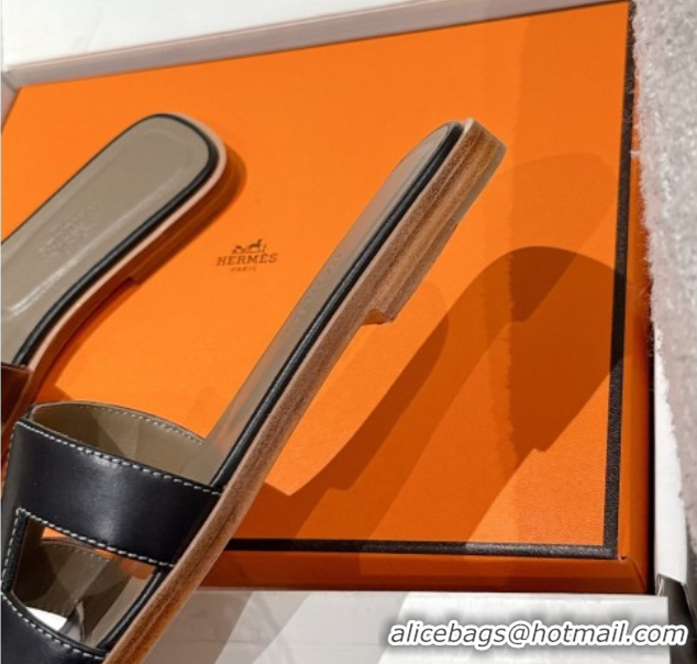 Unique Style Durable Hermes Classic Oran Flat Slides Sandal in Shiny Calfskin Black 0606116