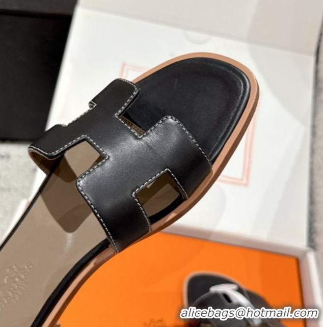 Unique Style Durable Hermes Classic Oran Flat Slides Sandal in Shiny Calfskin Black 0606116