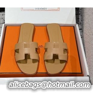 Popular Style Hermes Classic Oran Flat Slides Sandal in Shiny Calfskin Light Brown 0606116