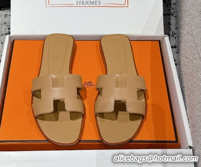 Popular Style Hermes Classic Oran Flat Slides Sandal in Shiny Calfskin Light Brown 0606116