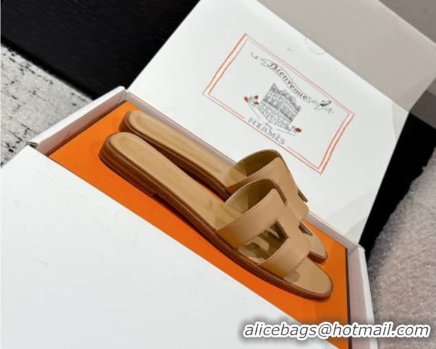 Popular Style Hermes Classic Oran Flat Slides Sandal in Shiny Calfskin Light Brown 0606116