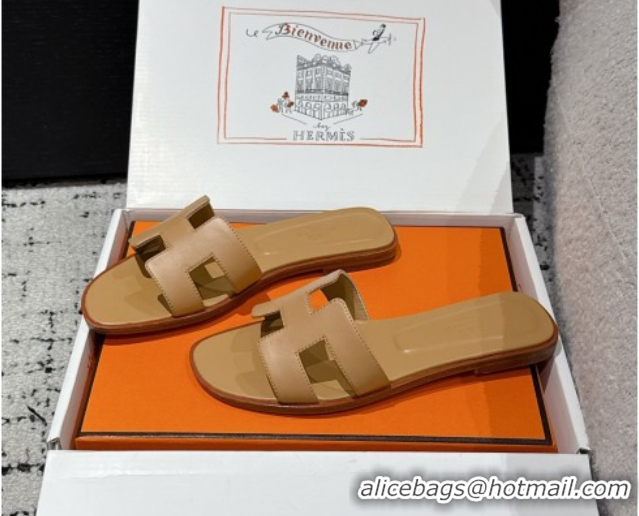 Popular Style Hermes Classic Oran Flat Slides Sandal in Shiny Calfskin Light Brown 0606116